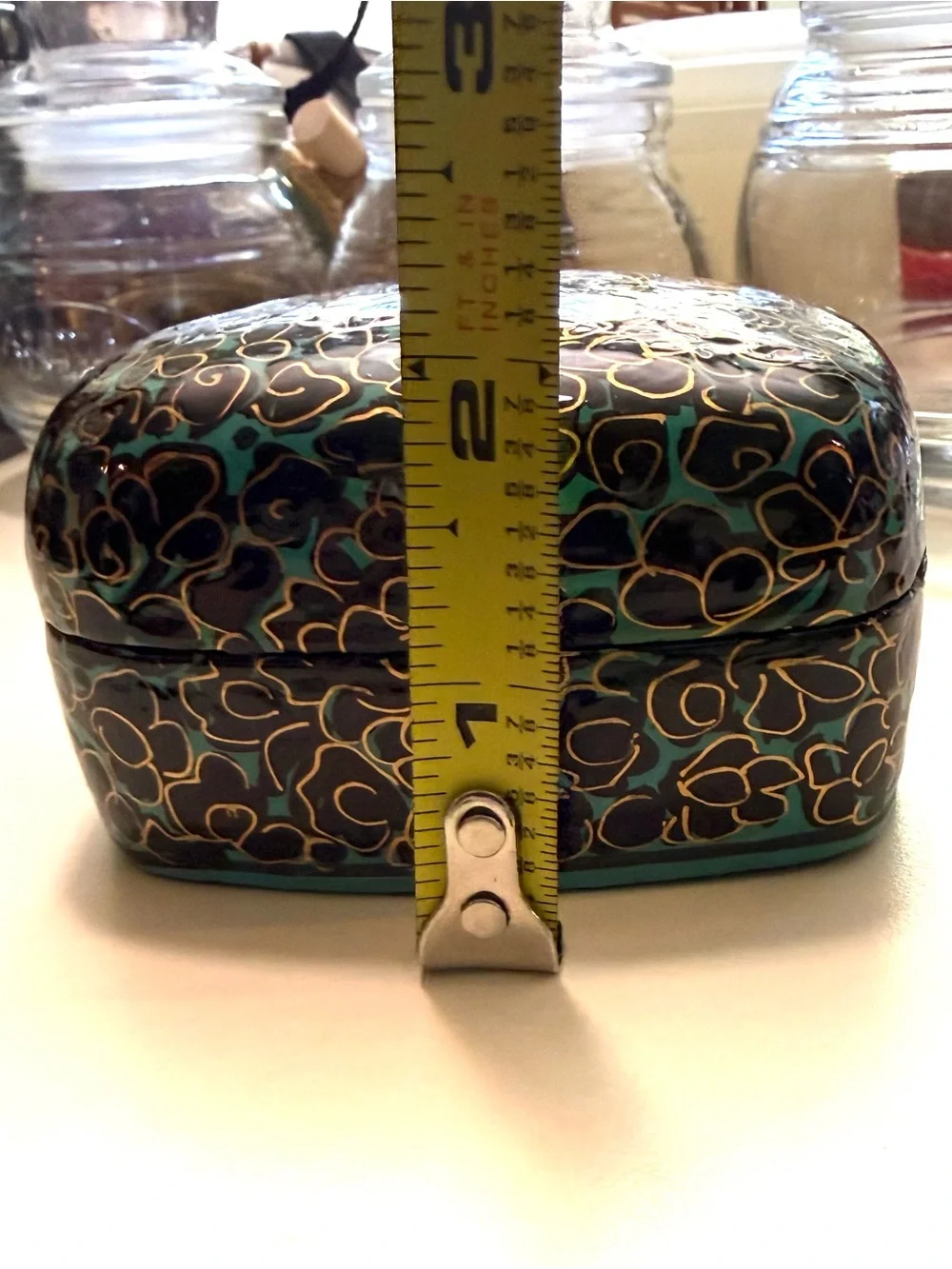 Handcrafted Kashmiri papier-mâché trinket box with lacquered finish gold, teal